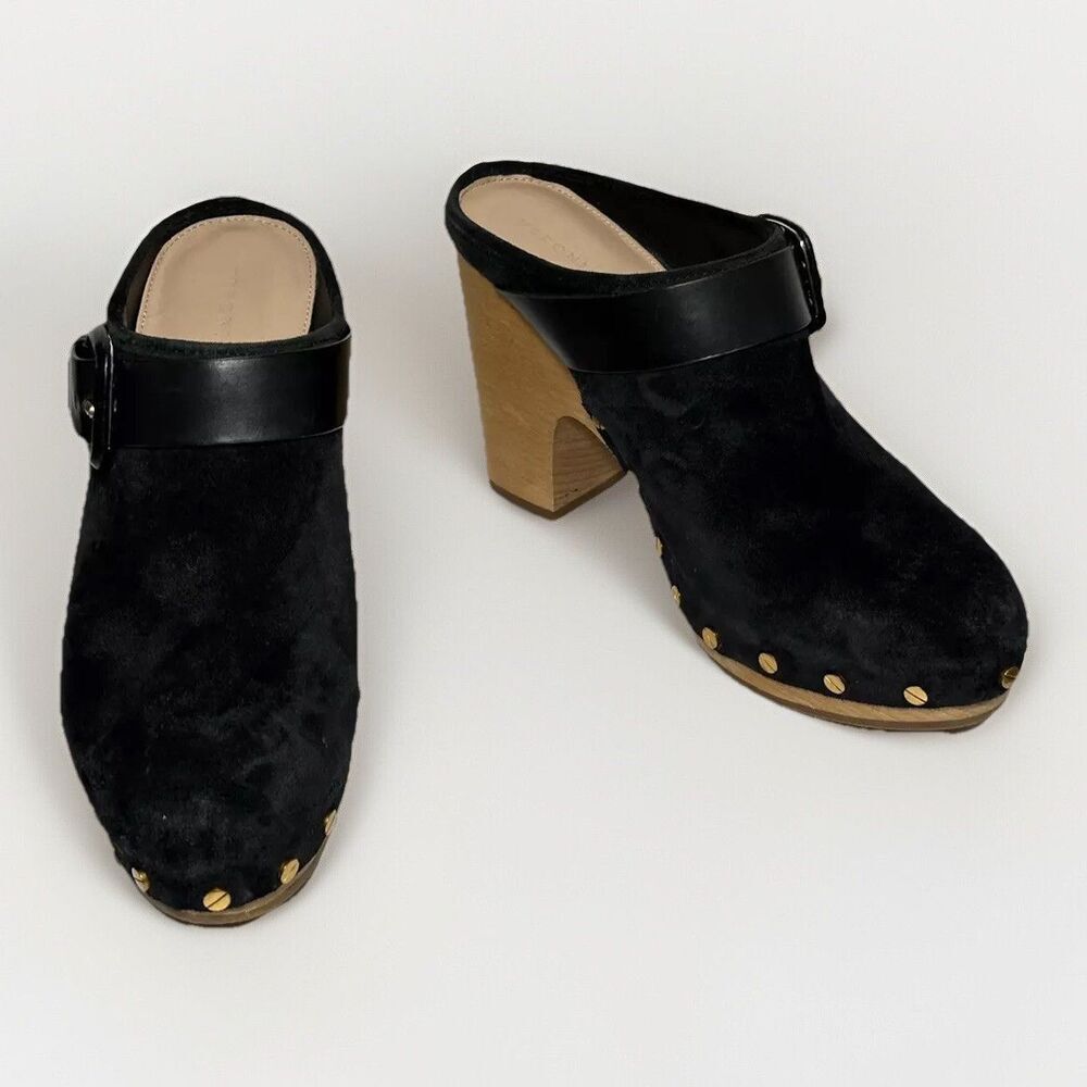 Veronica Beard Black Suede Clog Mules with Wood Heel and Gold Studs